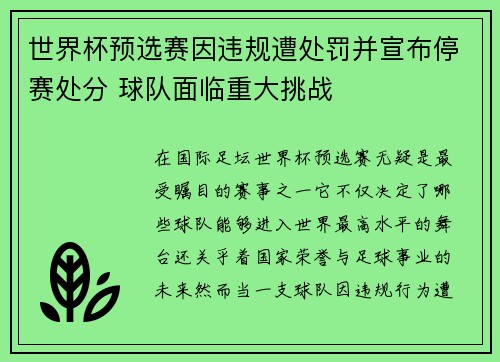 世界杯预选赛因违规遭处罚并宣布停赛处分 球队面临重大挑战